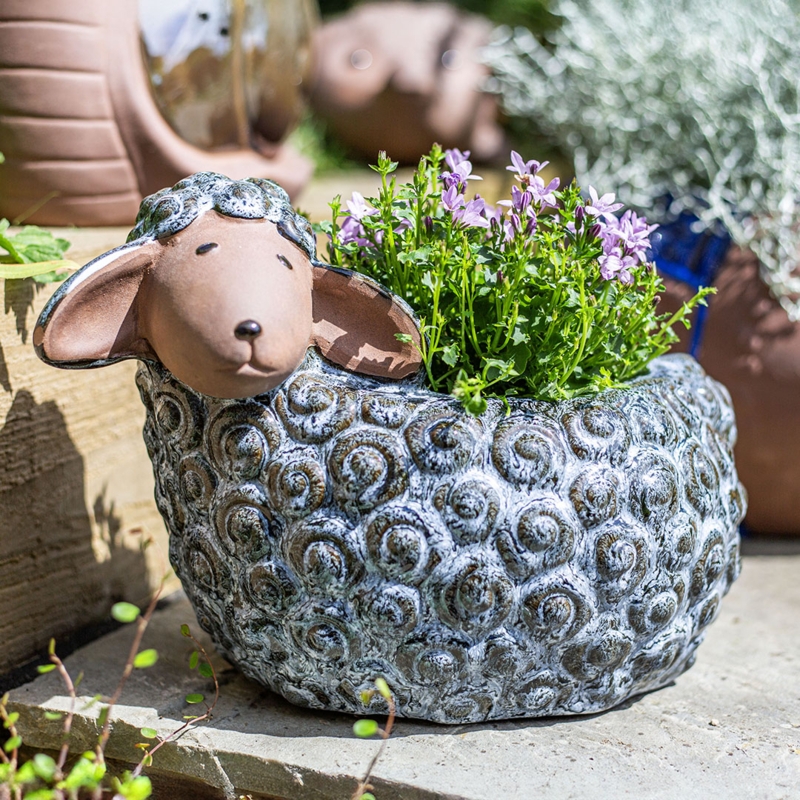 Novelty Planter, Lamb Shape, Textured Surface, Glossy White, Whimsical