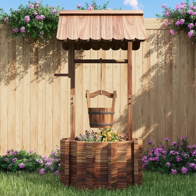 Novelty Planter, Wishing Well Shape, Hanging Bucket, Rustic Wood