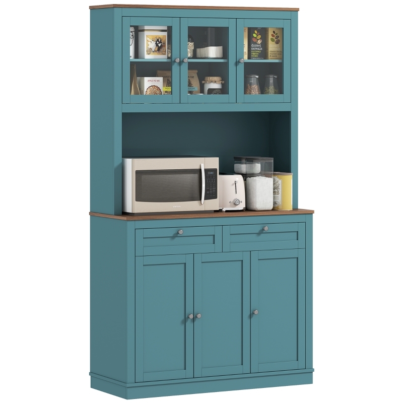 Olive Green Kitchen Pantry Hutch with Wood Contrast Interior