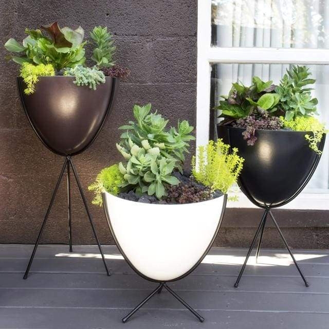 Olive Green Mid-Century Bullet Planter on Black Metal Tripod