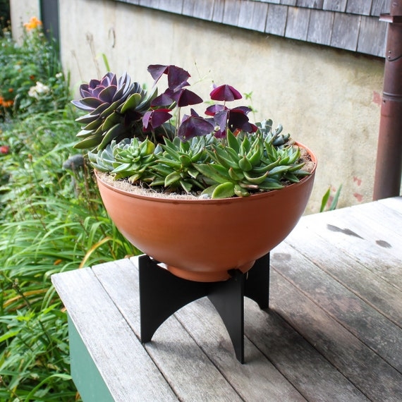 Orange Bowl Planter on Tapered Mid-Century Wood Stand