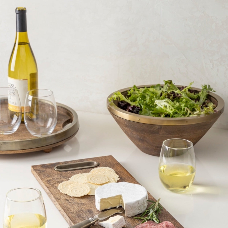 Organic Wood and Metal Serving Bowls, Footed with Twig Textured Base