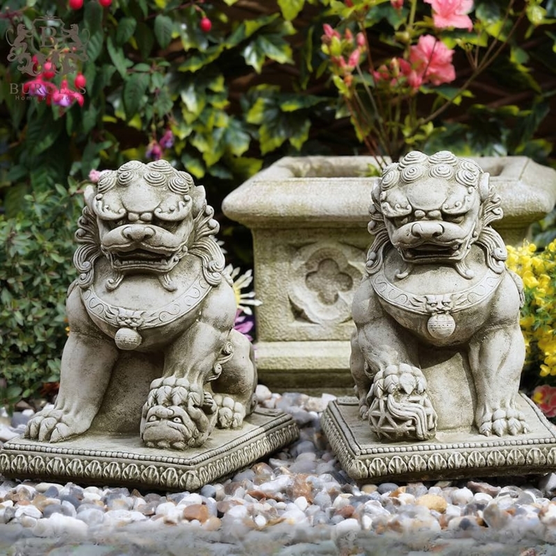 Oriental Garden Statue Pair Featuring Traditional Foo Dog Motif