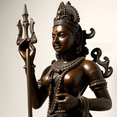 Ornate Bronze Deity Figurine, Multi-Armed Shiva with Trident Accessory