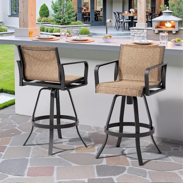 Ornate Bronze Outdoor Bar Stools with Lattice Back and Swivel Base