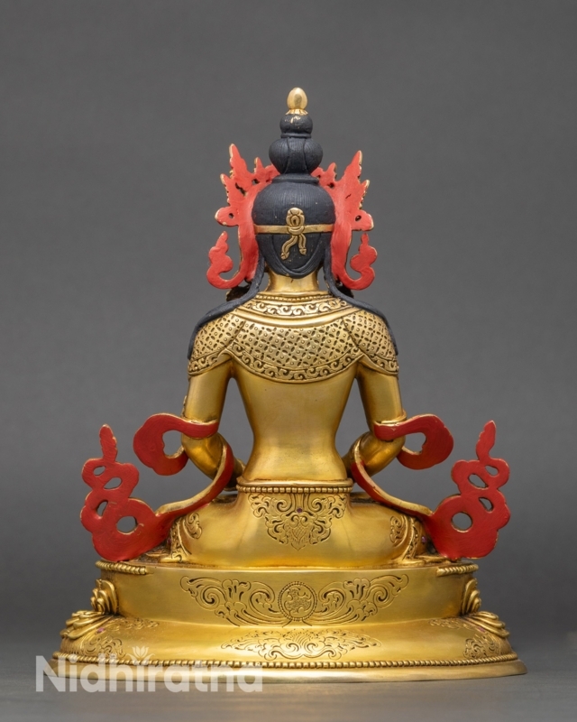 Ornate Copper Amitayus Statue with Inlaid Jewelry & Detailed Back View