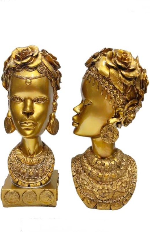 Ornate Gold African Queen Bust Sculpture with Detailed Floral Crown
