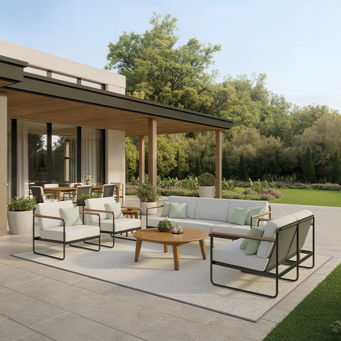 Outdoor Armchair Set Contrast Frame Slat Top Table Plush Cushions
