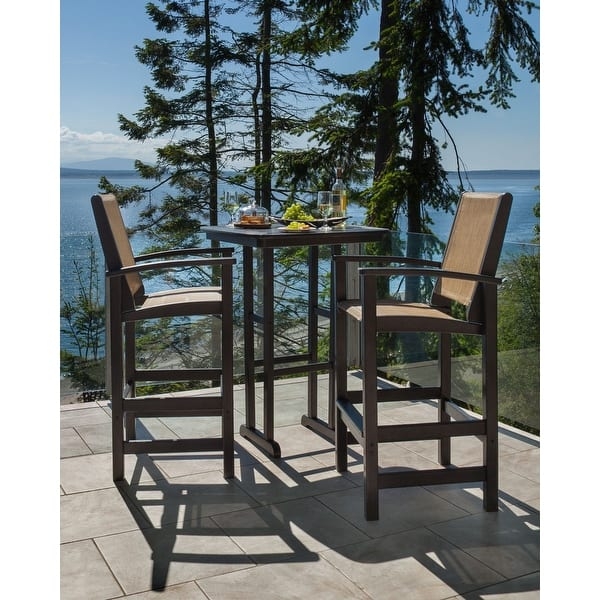 Outdoor Bar Set 3-Piece with White and Tan Round Slatted Table