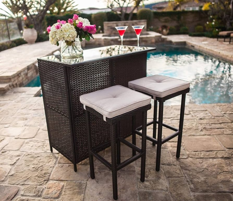Outdoor Bar Set, Brown Wicker, Tempered Glass Top, Poolside Seating