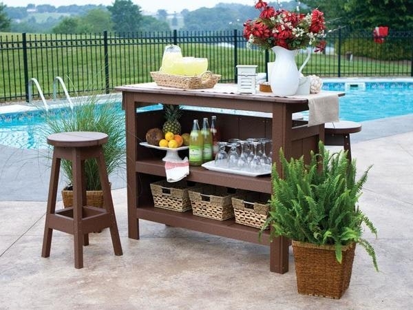 Outdoor Bar Set, Charcoal Poly Lumber, Backless Stools, Slatted Tabletop