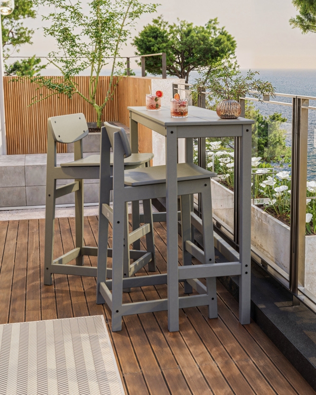 Outdoor Bar Set, Low Back Profile Urban Modern Slats Balcony