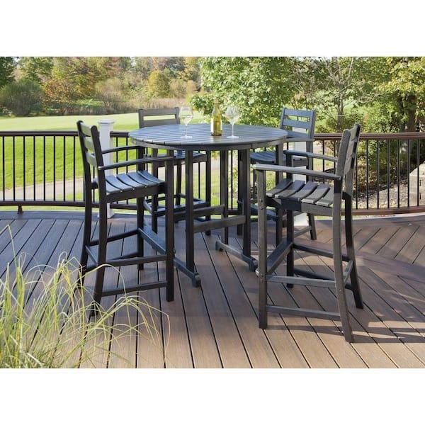 Outdoor Bar Set Round Pedestal Table Slatted Stools Charcoal Black Poolside
