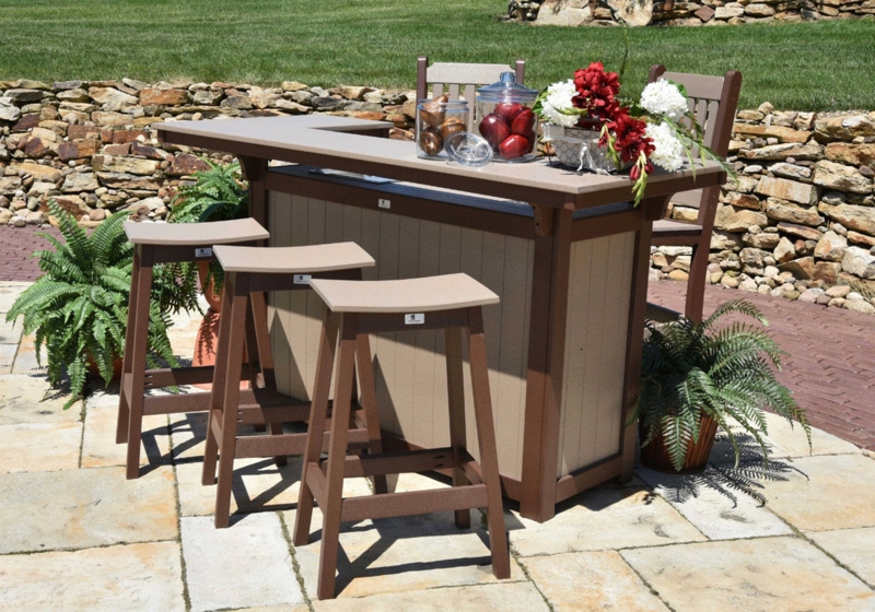 Outdoor Bar Set, Turquoise Poly Lumber, Weathered Wood Finish Island
