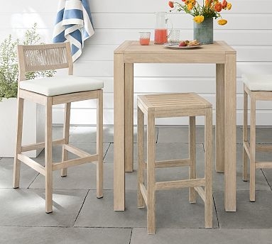 Outdoor Bar Set with Mahogany Wood Table and Woven Rope Stools