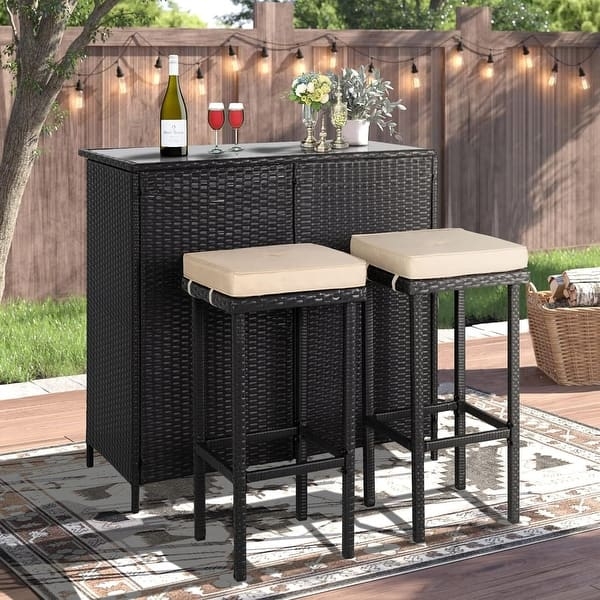 Outdoor Bar Set with Storage, Espresso Wicker, White Cushions, High Back
