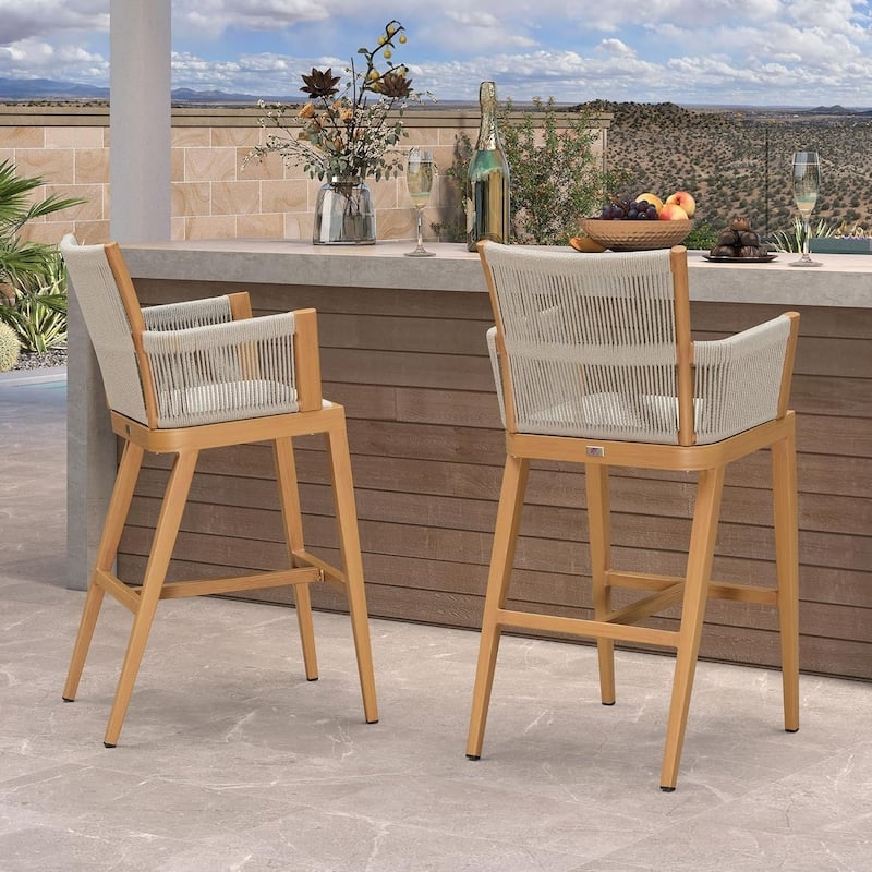 Outdoor Bar Stool All Weather Rattan Wood Grain Aluminum