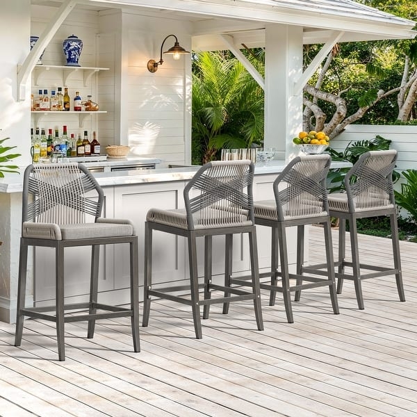 Outdoor Bar Stool Apricot Twill Weave Wood Grain Legs Cream Cushions
