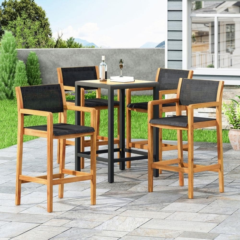 Outdoor Bar Stool Black Mesh Seat Teak Toned Frame