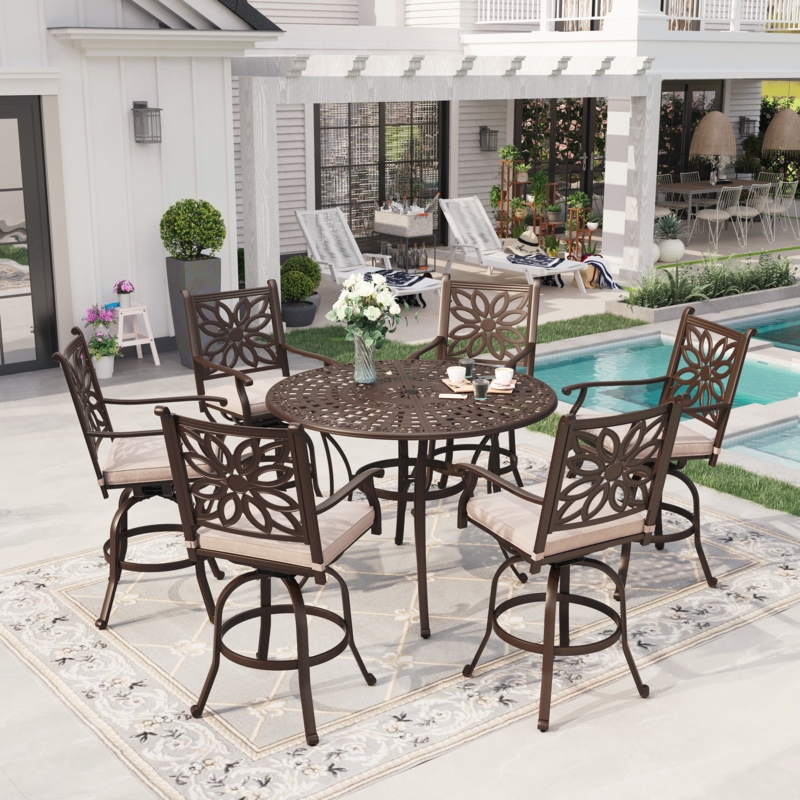 Outdoor Bar Stool Cast Aluminum Scrollwork Swivel Dark Bronze Patio