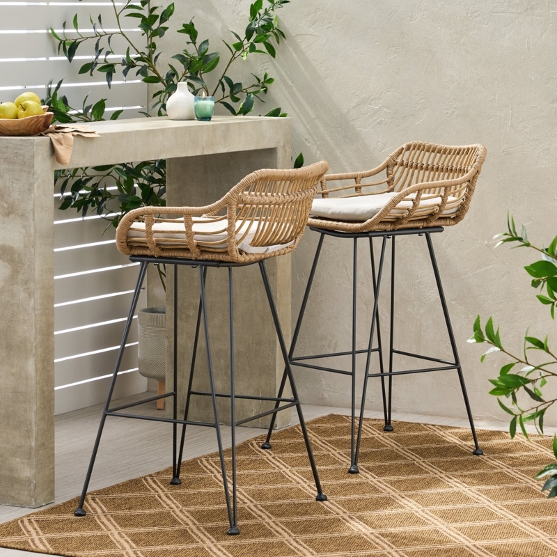 Outdoor Bar Stool Dark Brown Wicker Beige Cushions Poolside Patio