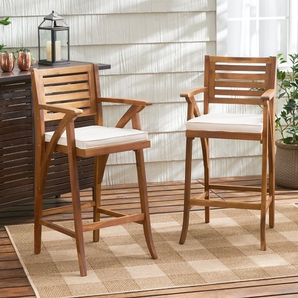 Outdoor Bar Stool Integrated Armrests Slatted Back White Cushion Wood