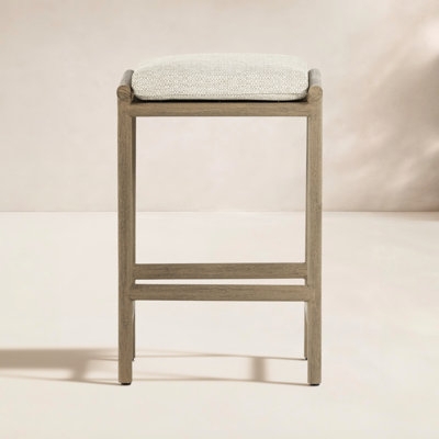 Outdoor Bar Stool Narrow Width Teak Look Removable Cushion Beige
