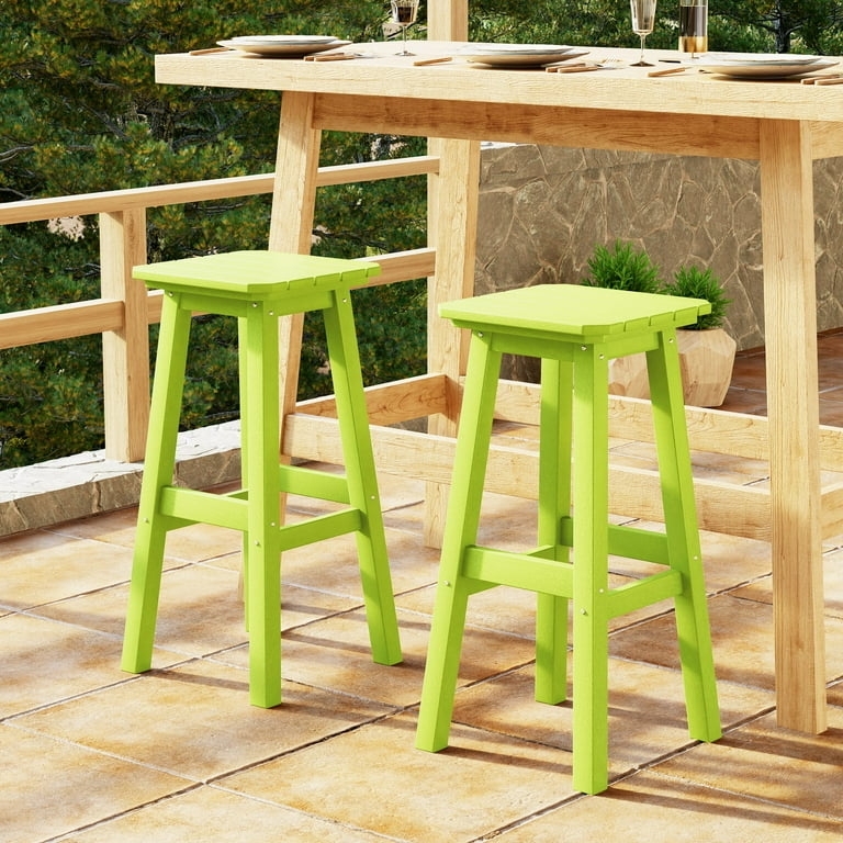 Outdoor Bar Stool Set of 2 Lime Green HDPE Backless Square