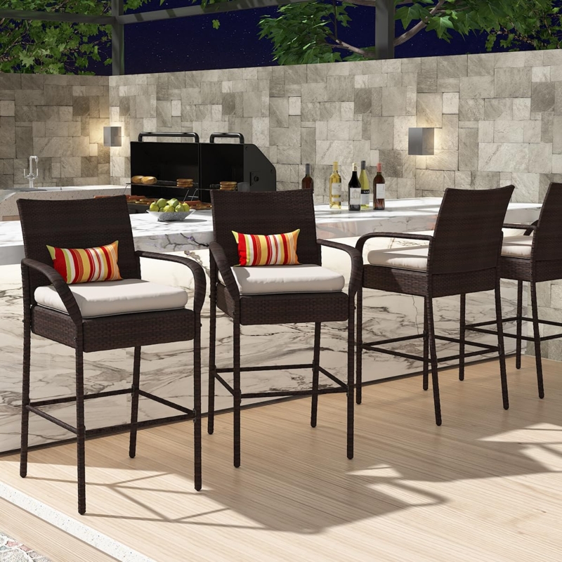 Outdoor Bar Stool Set of 6, All-Weather Wicker, High Back with Arms