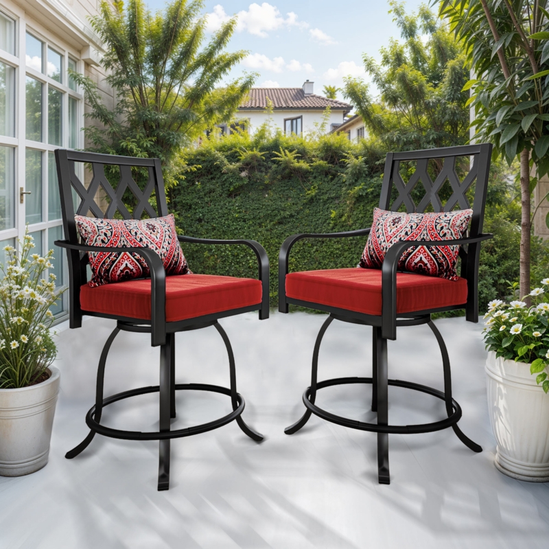 Outdoor Bar Stool Set with Headrest Cushions, Red Geometric Pattern