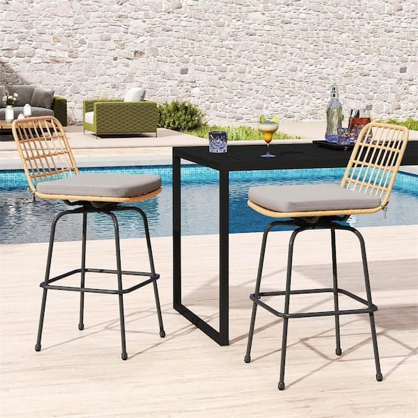 Outdoor Bar Stool Swivel Base Gray Cushions Slat Back Metal Set