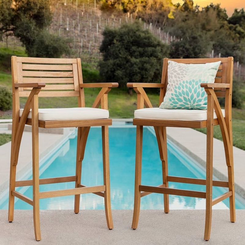 Outdoor Bar Stool Weather Resistant Cushions Cream Wood Toned Modern
