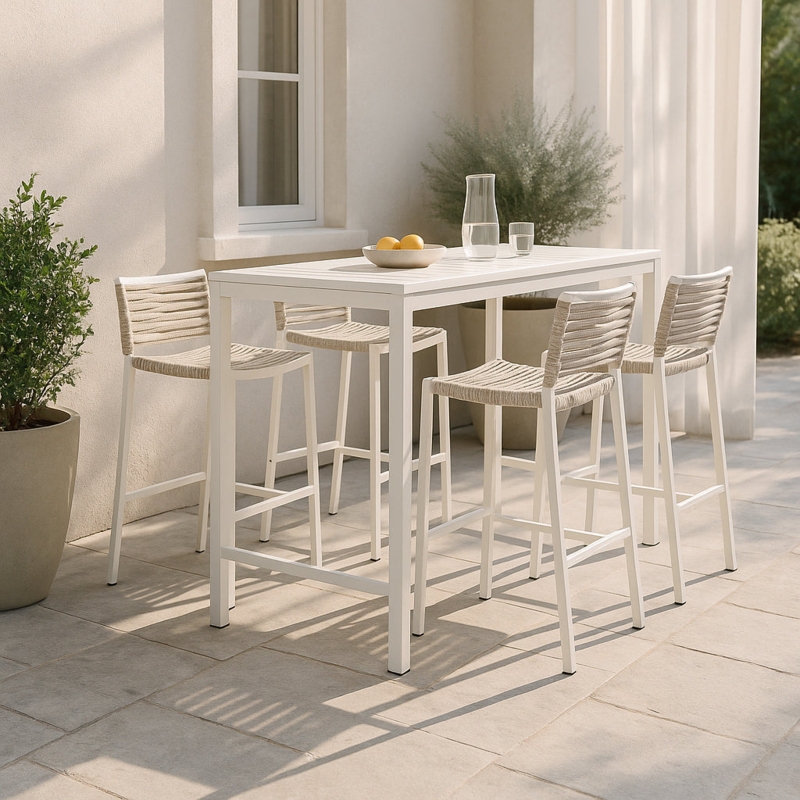 Outdoor Bar Stool White Frame Rope Woven Back Modern Coastal Seating