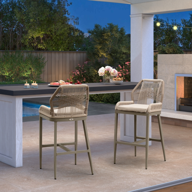 Outdoor Bar Stool with Geometric Woven Back, Aluminum Frame & Cushion