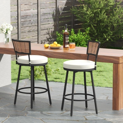 Outdoor Bar Stool with Swivel Woven Wicker Back and Tie-On Cushion