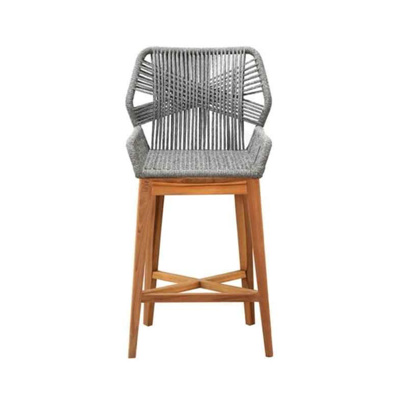 Outdoor Bar Stool with Teak Frame and Grey Woven Rope Back