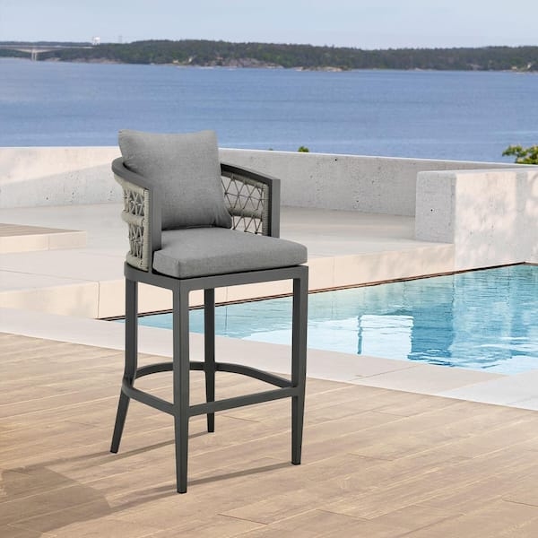 Outdoor Bar Stool with Vertical Rope Weave and Charcoal Aluminum Frame