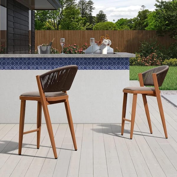 Outdoor Bar Stool, Wood Grain Aluminum Woven Rattan Coastal