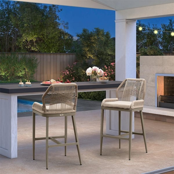 Outdoor Bar Stool Wood Look Aluminum Frame Woven Twill, Modern Wicker Stools