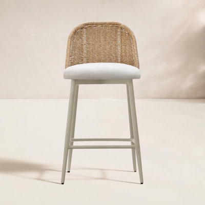 Outdoor Bar Stool Woven Back Narrow Tapered Legs Off White Coastal