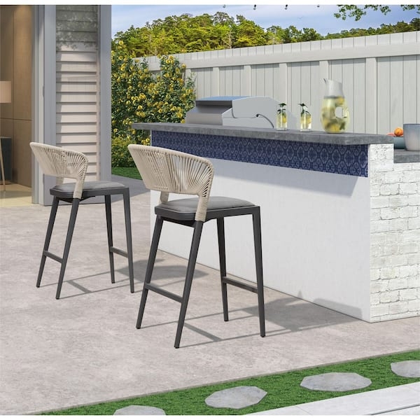 Outdoor Bar Stool, Woven Rattan Back Matte Gray Frame Minimalist