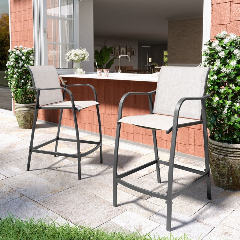 Outdoor Bar Stools Black Metal Frame with Armrests Mesh Fabric