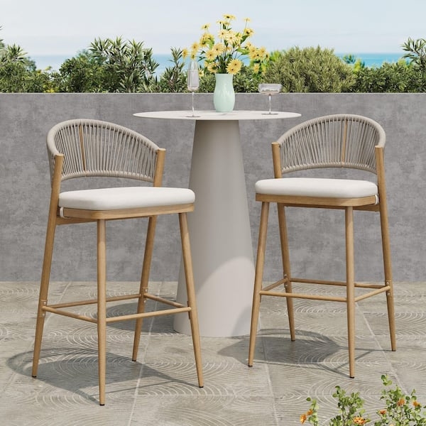 Outdoor Bar Stools Scalloped Back Grey Woven Rattan Coastal Patio Seating