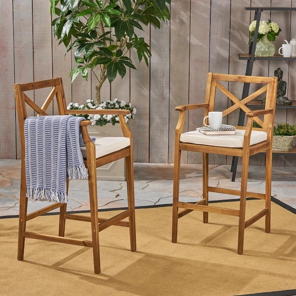 Outdoor Bar Stools Set with Teak Slat Backs and Cream Cushions