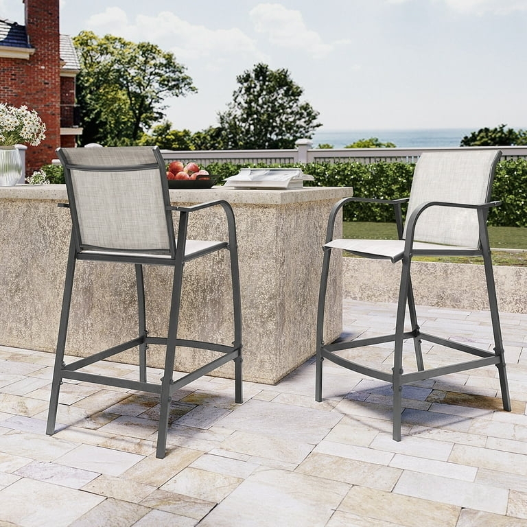 Outdoor Bar Stools Sling Seat Curved Armrests Patio Seating Set