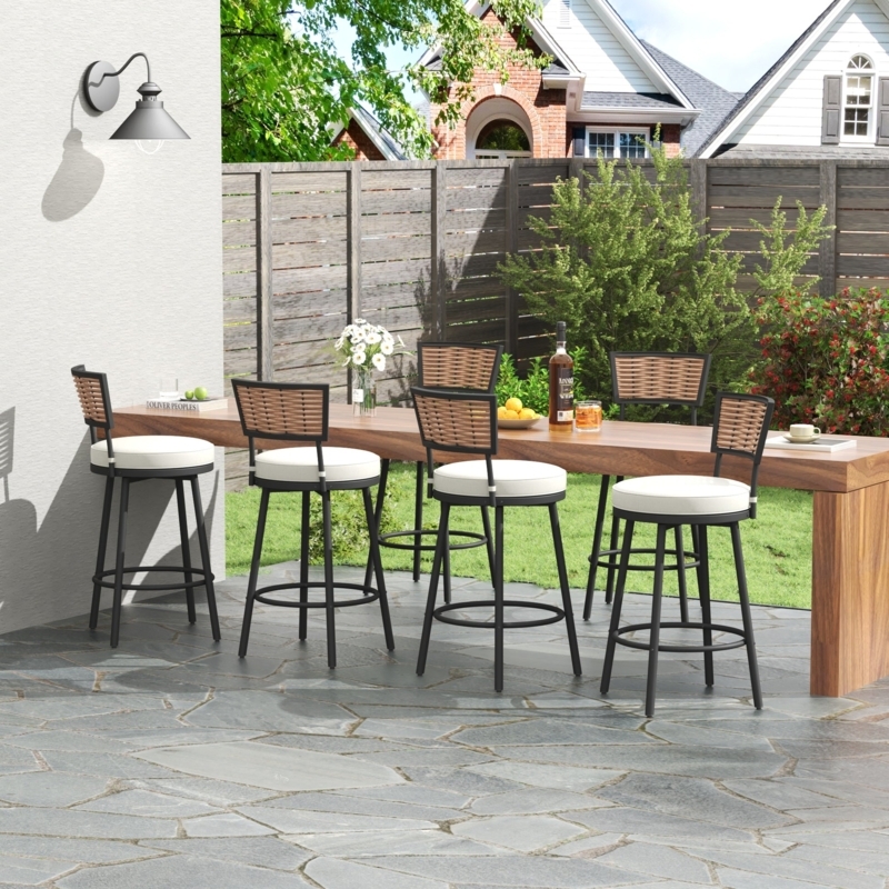 Outdoor Bar Stools Swivel Woven Mesh Bronze Finish Curved Arms Patio