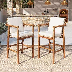 Outdoor Bar Stools Vertical Slats Wood Toned Patio Seating Set