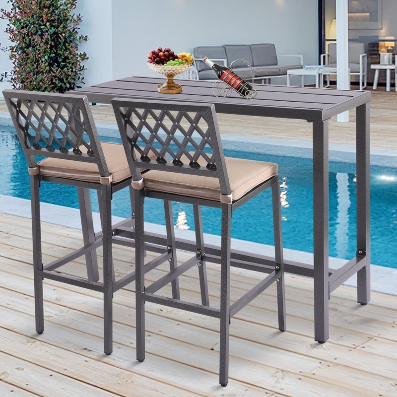 Outdoor Bar Stools with Hammered Gray Metal Finish and Cushions