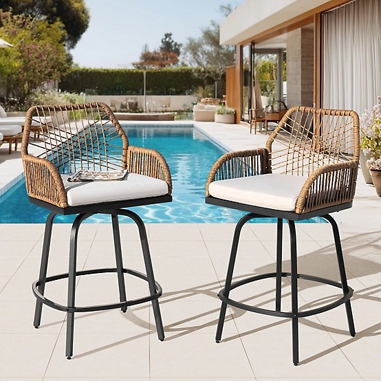 Outdoor Bar Stools with Swivel Mechanism and Dark Woven Synthetic Wicker