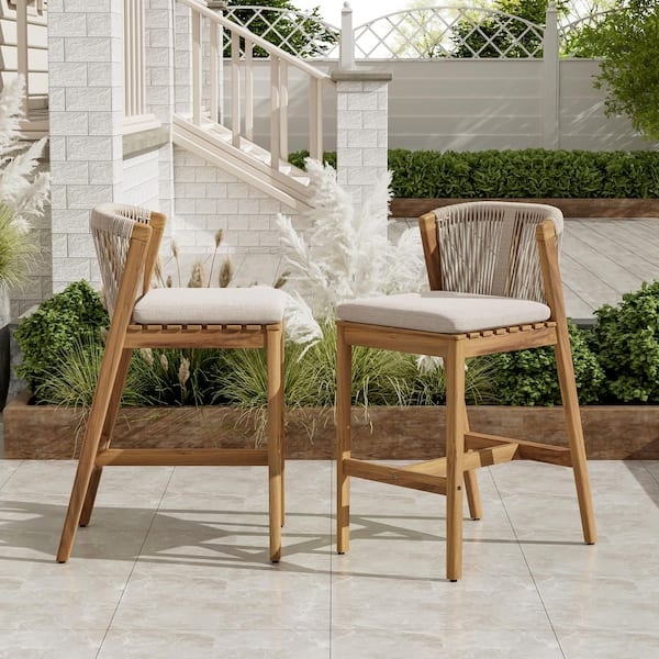 Outdoor Bar Stools Woven Rope Back Teak Finish Patio Seating Set